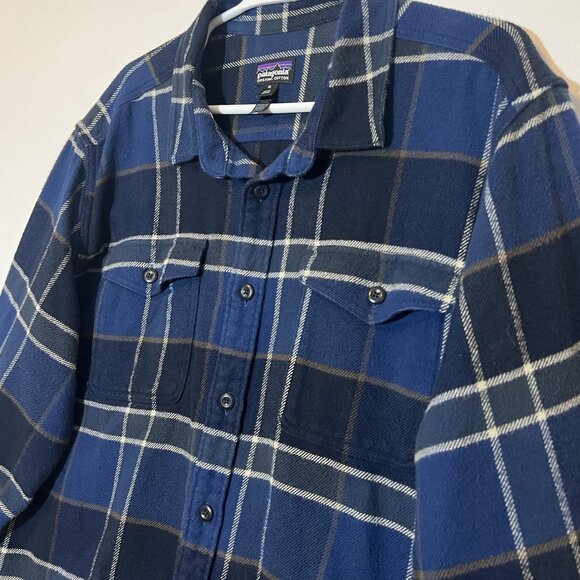 Patagonia Fjord Flannel Button Shirt Mens Organic Cotton XL Blue Plaid Winter - Picture 10 of 13